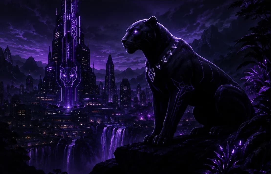 A black panther in vibranium-etched armour sits on a clifftop at night, looking out over a Wakandan city lit in violet neon — a tower carved with a glowing panther sigil rising behind waterfalls that fall into the valley below.